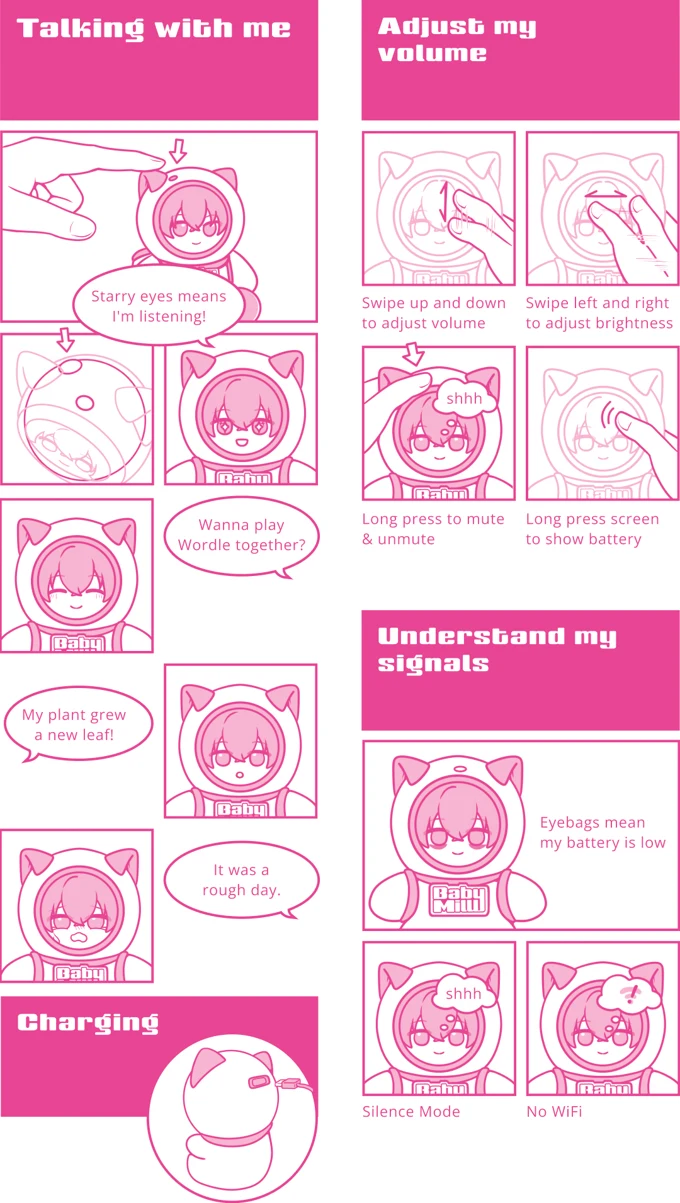 BabyMilu user manual — talking, volume, signals, and charging, illustrated as comic panels