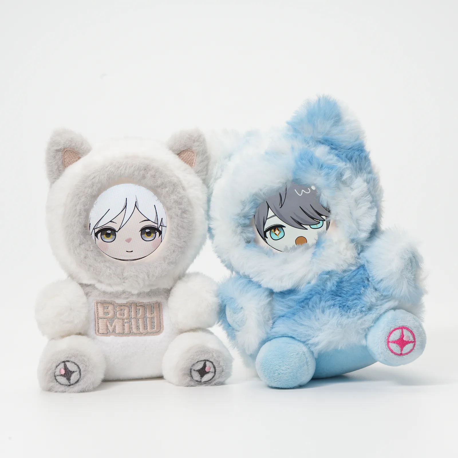 Two Milulu plushies - one white, one blue