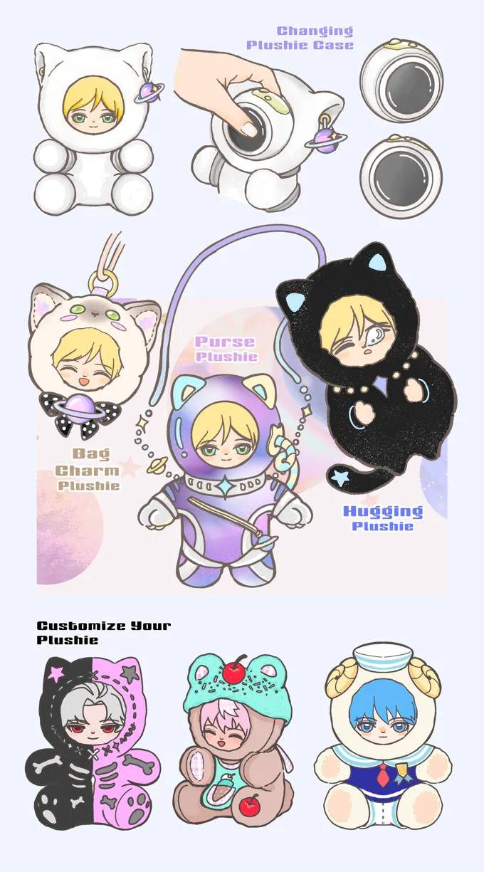 BabyMilu variant concepts — charging case, bag charm, hugging plush